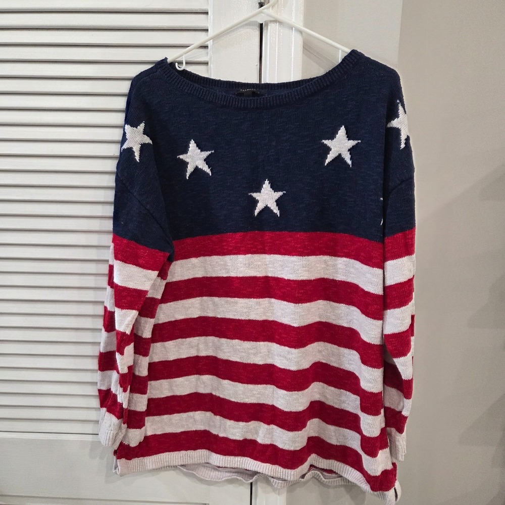 Talbots American Flag Stars & Stripes Knit Crew Neck Sweater Linen Blend Sz XL